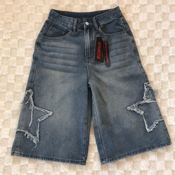 ROMWE NWOT Wide Leg High Rise Distressed Star themed Bermuda Shorts - Picture 1 of 8